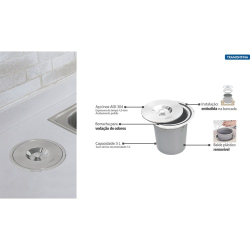 Lixeira de embutir aço em inox balde plástico 5 L - Clean Round Lixeira de embutir aço em inox balde plástico 5 L - Clean Round