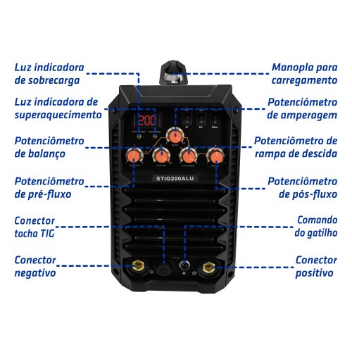 Inversora de solda multiprocesso 200A para Eletrodo revestido E Tig AC/DC - STIG200ALU 220V Inversora de solda multiprocesso 200A para Eletrodo revestido E Tig AC/DC - STIG200ALU 220V