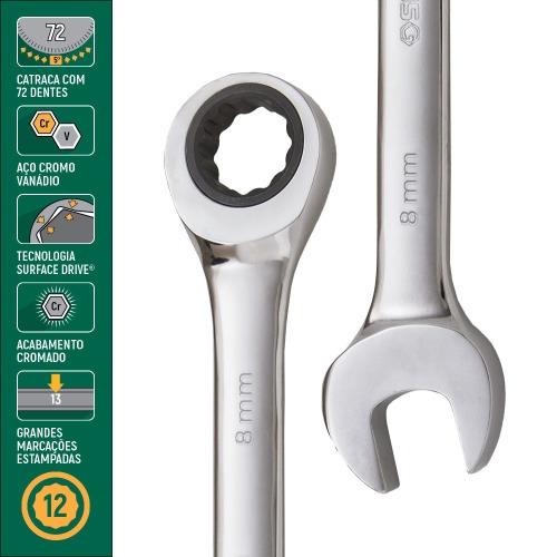Chave combinada com catraca 8 mm aço cromo vanádio - ST43201ST Chave combinada com catraca 8 mm aço cromo vanádio - ST43201ST