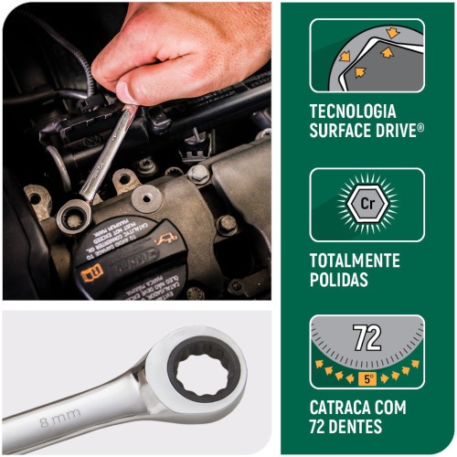 Chave combinada com catraca 8 mm aço cromo vanádio - ST43201ST Chave combinada com catraca 8 mm aço cromo vanádio - ST43201ST