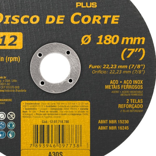 Disco de corte para metal 180 x 3,0 x 22,23 mm - VDR12 Disco de corte para metal 180 x 3,0 x 22,23 mm - VDR12