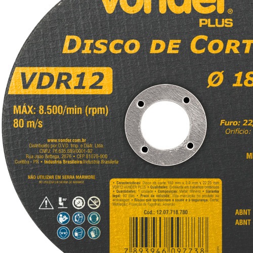 Disco de corte para metal 180 x 3,0 x 22,23 mm - VDR12 Disco de corte para metal 180 x 3,0 x 22,23 mm - VDR12