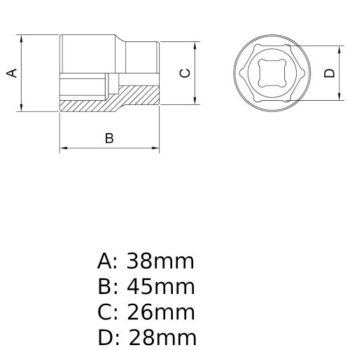 Soquete sextavado 28 mm encaixe 1/2 Soquete sextavado 28 mm encaixe 1/2