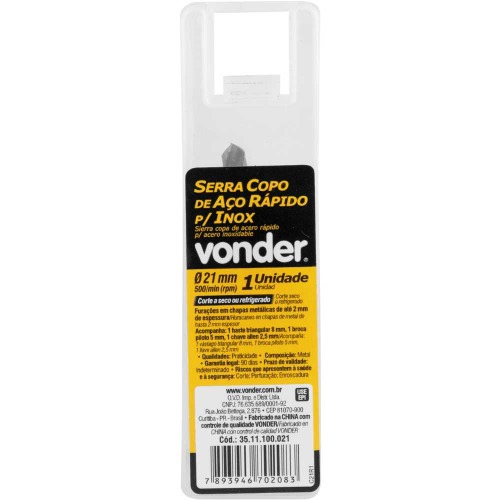 Serra copo de aço rápido 21 mm para inox Serra copo de aço rápido 21 mm para inox