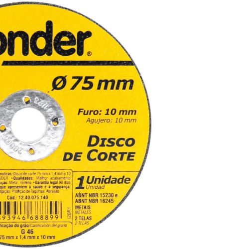 Disco de corte 75 mm x 1,4 mm x 10 mm grão G46 Disco de corte 75 mm x 1,4 mm x 10 mm grão G46