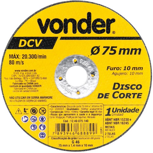 Disco de corte 75 mm x 1,4 mm x 10 mm grão G46 Disco de corte 75 mm x 1,4 mm x 10 mm grão G46