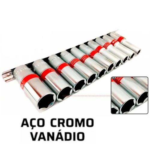 Jogo de soquete sextavado longo 10 a 22 mm 1/2 Jogo de soquete sextavado longo 10 a 22 mm 1/2