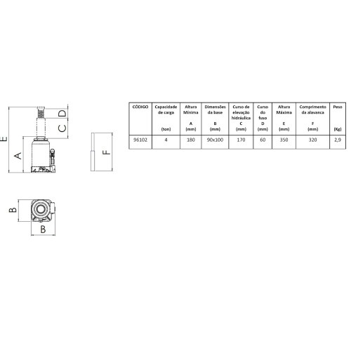 Macaco hidráulico tipo garrafa 4 toneladas - 96102 Macaco hidráulico tipo garrafa 4 toneladas - 96102