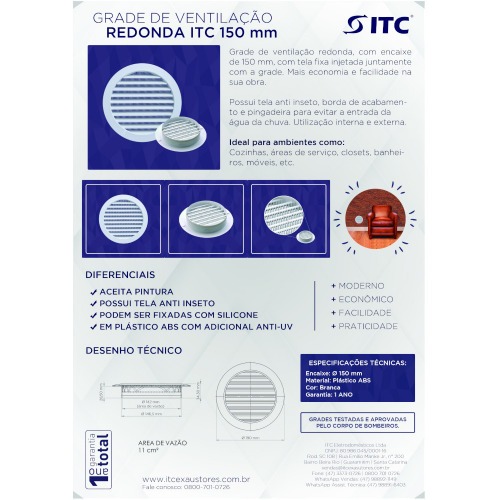 Grade de ventilação plástica para duto de 150 mm Grade de ventilação plástica para duto de 150 mm
