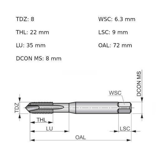 Macho máquina aço rápido ponta helicoidal M8 x 1,25 mm - E556M8 Macho máquina aço rápido ponta helicoidal M8 x 1,25 mm - E556M8