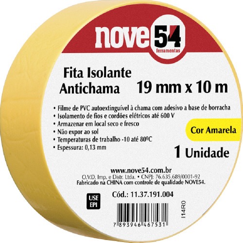 Fita isolante antichama amarela 19 mm x 10 m Fita isolante antichama amarela 19 mm x 10 m