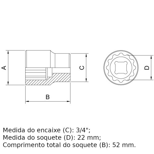 Soquete estriado 22 mm encaixe 3/4 Soquete estriado 22 mm encaixe 3/4