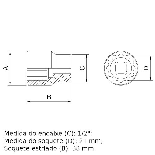 Soquete estriado 21 mm encaixe 1/2 Soquete estriado 21 mm encaixe 1/2