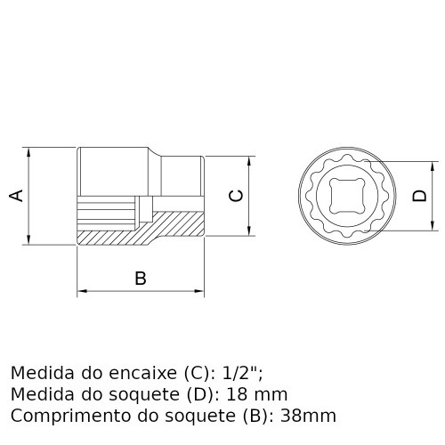Soquete estriado 18 mm encaixe 1/2 Soquete estriado 18 mm encaixe 1/2