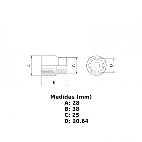Soquete estriado 20 mm encaixe 1/2 Soquete estriado 20 mm encaixe 1/2