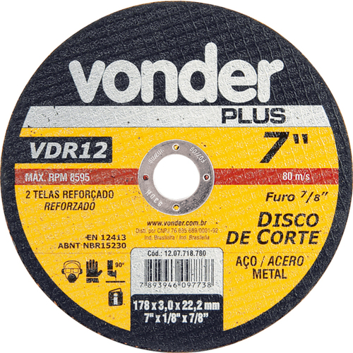 Disco de corte para metal 180 x 3,0 x 22,23 mm - VDR12 Disco de corte para metal 180 x 3,0 x 22,23 mm - VDR12